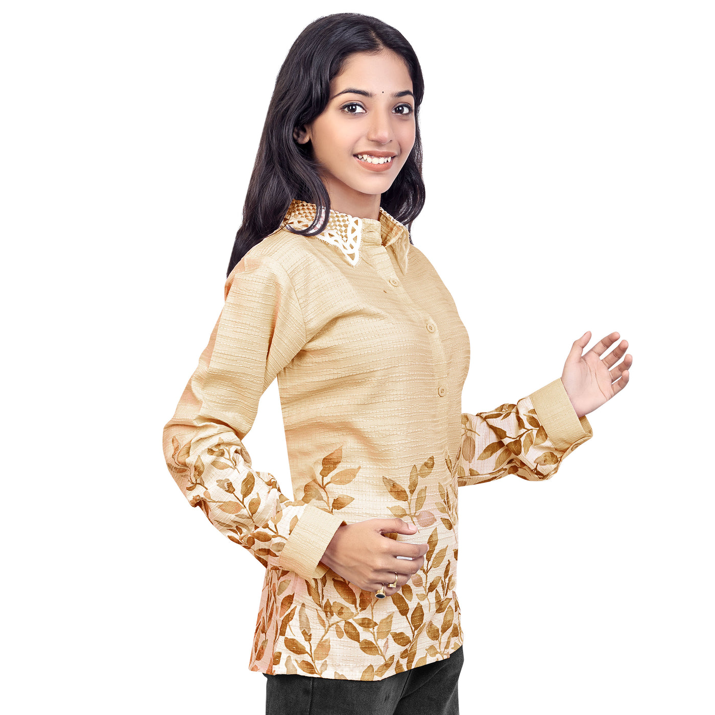 Leaf Print Collared Full Sleeve Casual Shirt for Women & Girls – Stylish Everyday & Office Wear