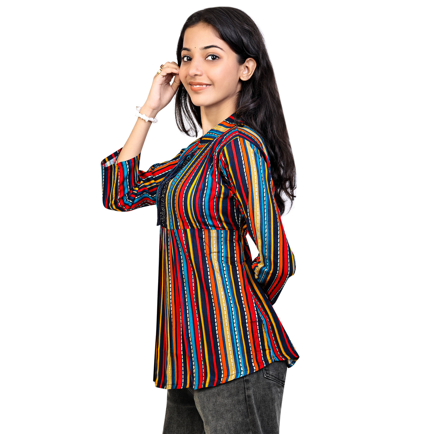 Multicolor Striped Rayon Short Kurti for Women | Stylish Casual & Party Wear Top