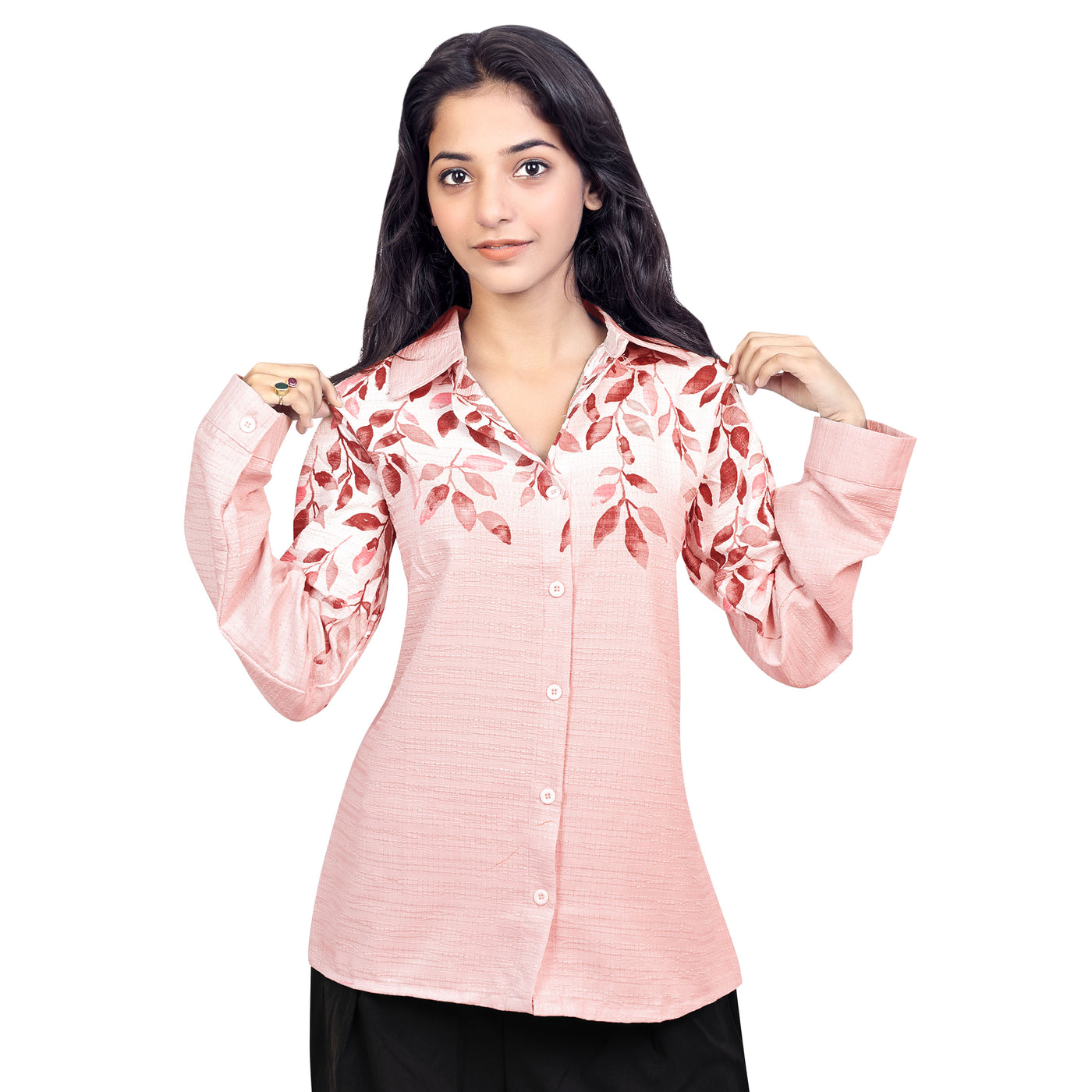 Women’s Cotton Leaf Print Shirt – Casual Office Wear Long Sleeve Button Down Top