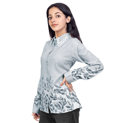 Leaf Print Collared Full Sleeve Casual Shirt for Women & Girls – Stylish Everyday & Office Wear