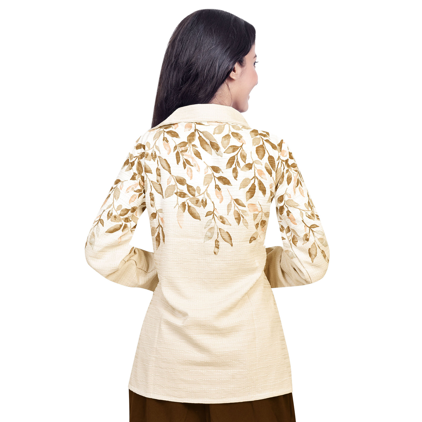 Women’s Cotton Leaf Print Shirt – Casual Office Wear Long Sleeve Button Down Top