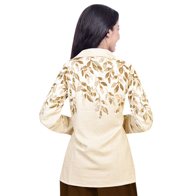 Women’s Cotton Leaf Print Shirt – Casual Office Wear Long Sleeve Button Down Top