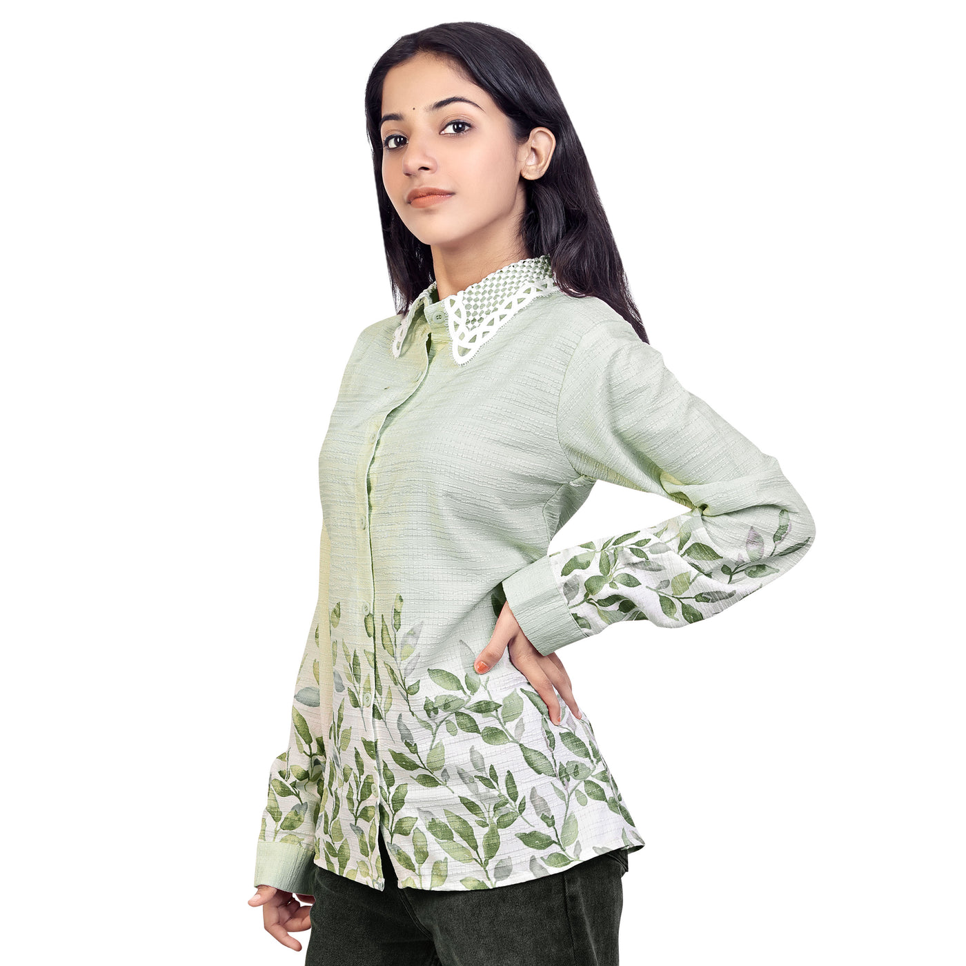Leaf Print Collared Full Sleeve Casual Shirt for Women & Girls – Stylish Everyday & Office Wear