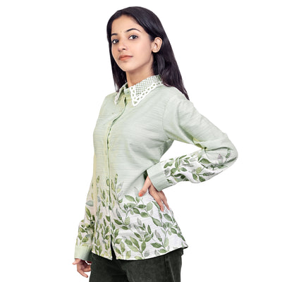 Leaf Print Collared Full Sleeve Casual Shirt for Women & Girls – Stylish Everyday & Office Wear