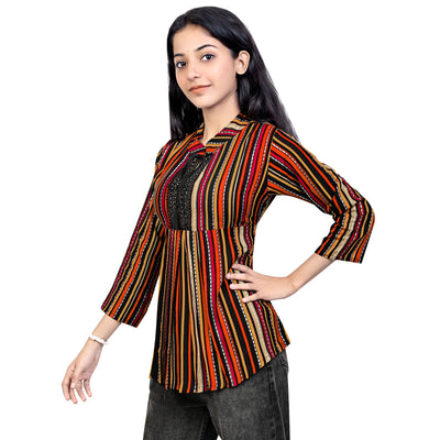 Multicolor Striped Rayon Short Kurti for Women | Stylish Casual & Party Wear Top