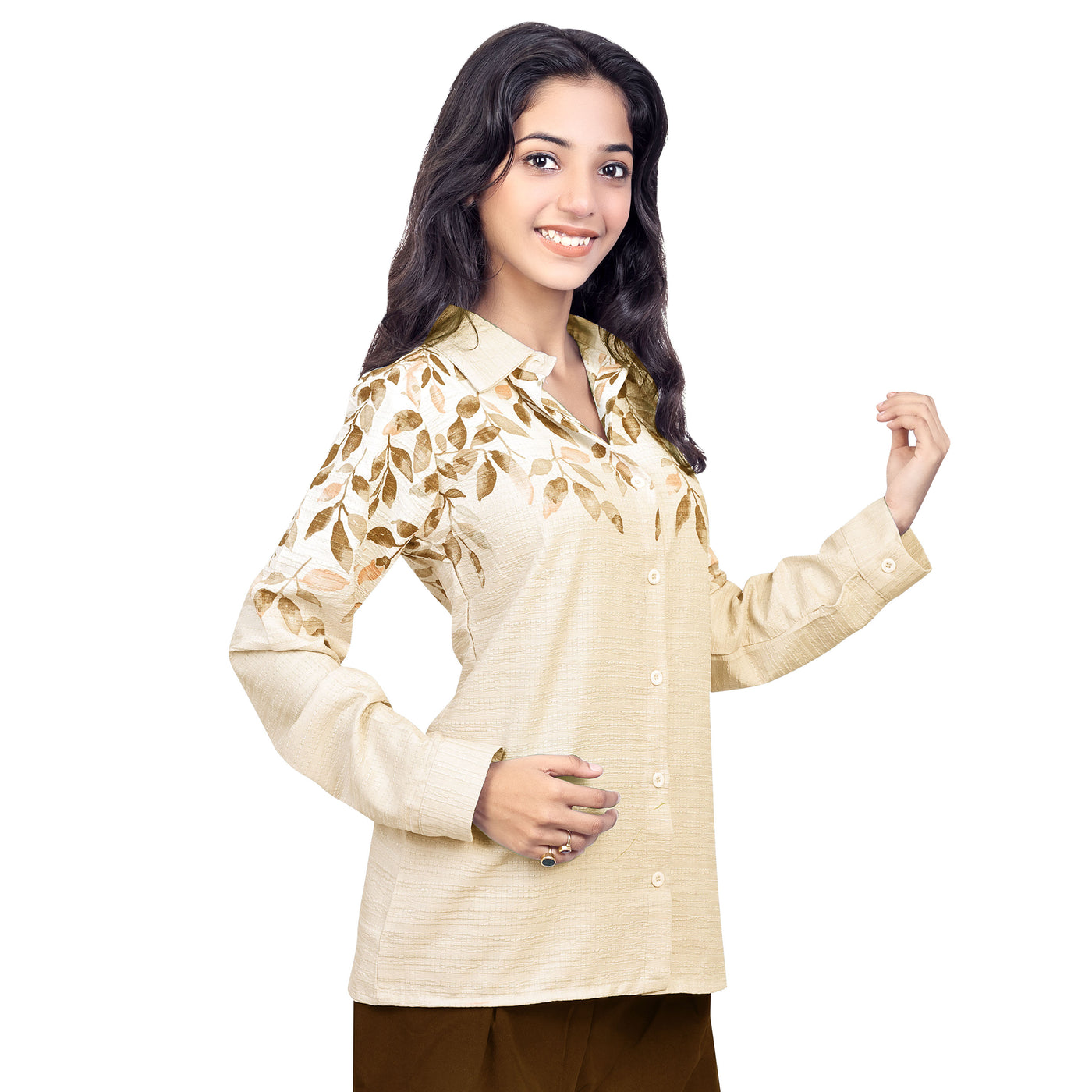 Women’s Cotton Leaf Print Shirt – Casual Office Wear Long Sleeve Button Down Top