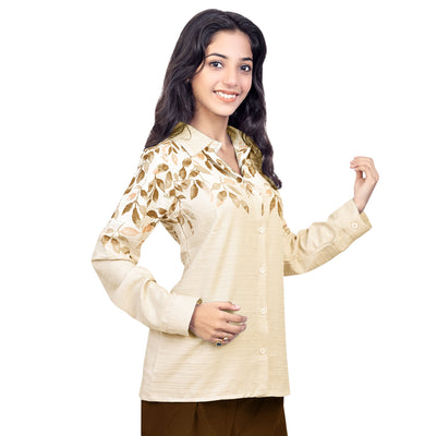 Women’s Cotton Leaf Print Shirt – Casual Office Wear Long Sleeve Button Down Top