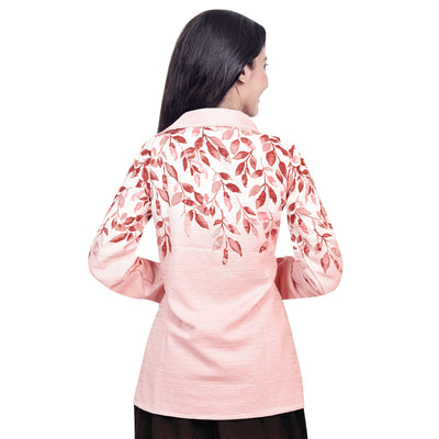 Women’s Cotton Leaf Print Shirt – Casual Office Wear Long Sleeve Button Down Top