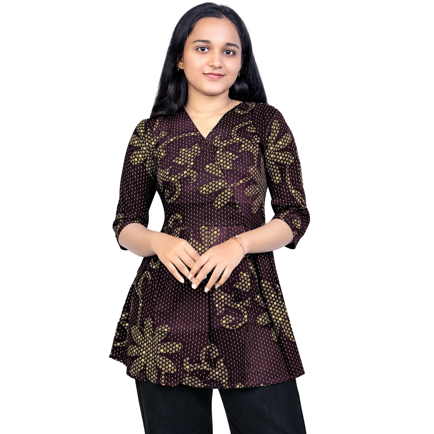 Angry Girls Navy Blue Printed Rayon V-Neck Short Kurti for girl's & woman