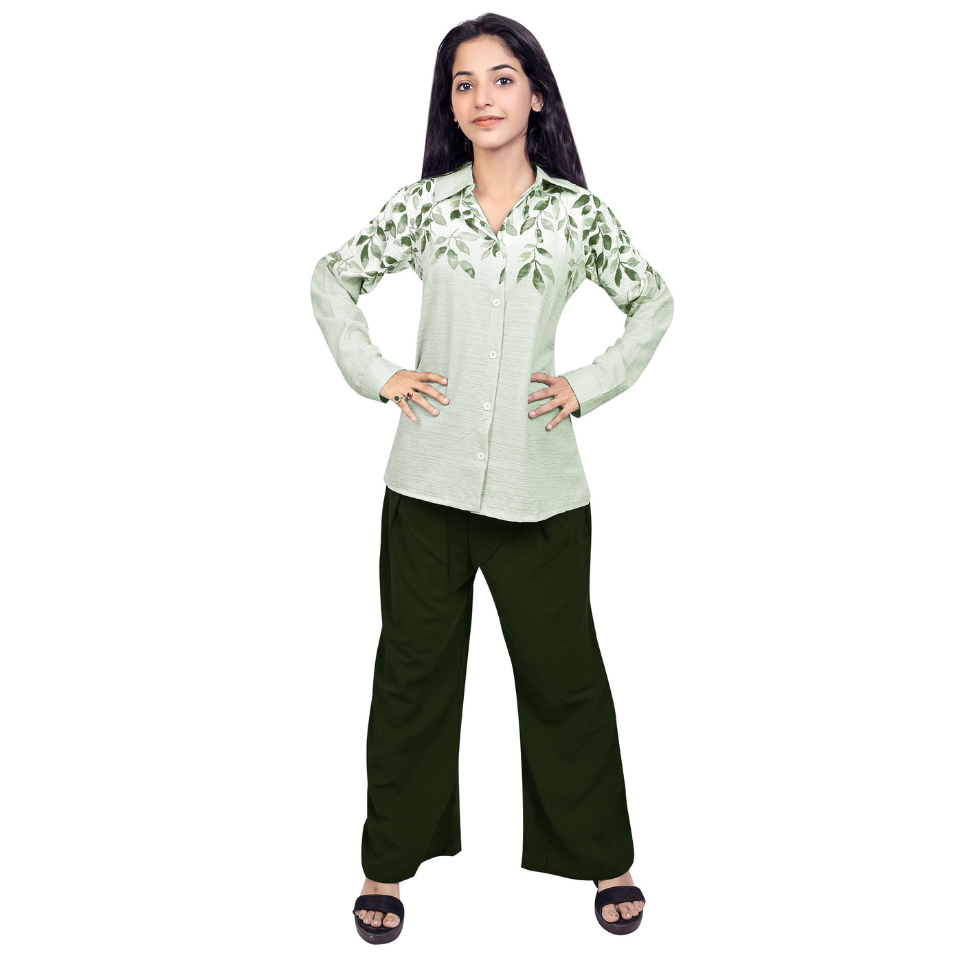 Women’s Cotton Leaf Print Shirt – Casual Office Wear Long Sleeve Button Down Top