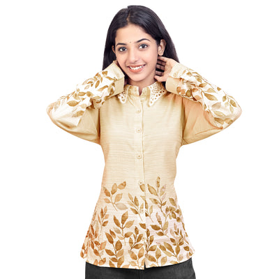 Leaf Print Collared Full Sleeve Casual Shirt for Women & Girls – Stylish Everyday & Office Wear
