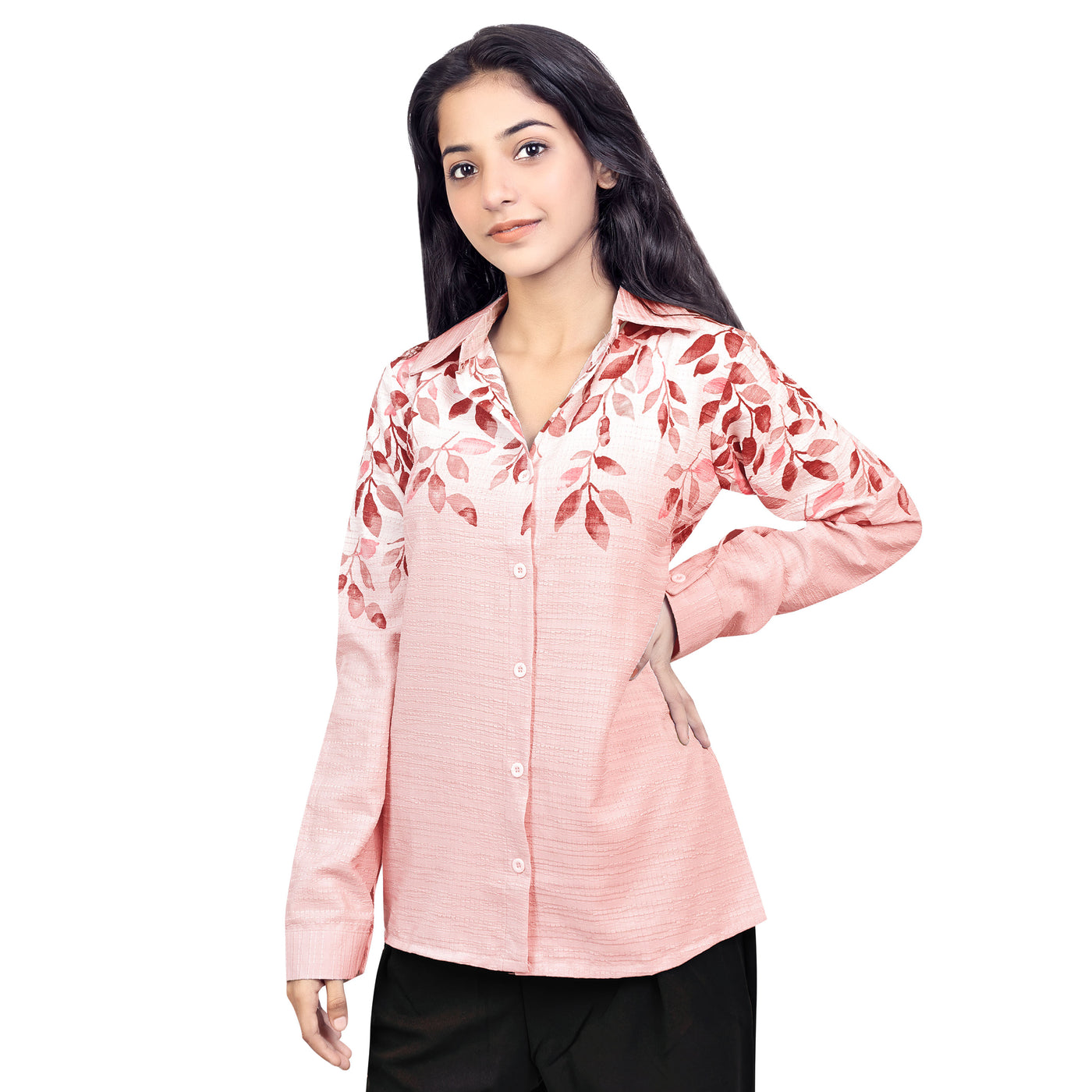 Women’s Cotton Leaf Print Shirt – Casual Office Wear Long Sleeve Button Down Top