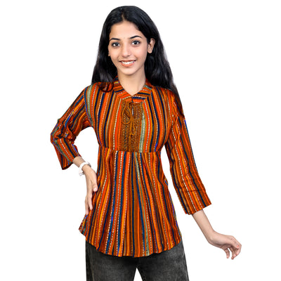 Multicolor Striped Rayon Short Kurti for Women | Stylish Casual & Party Wear Top