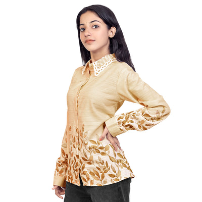 Leaf Print Collared Full Sleeve Casual Shirt for Women & Girls – Stylish Everyday & Office Wear